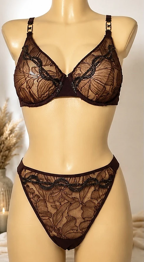 Chantelle X komplet bielizny 80C i majtki 42/L czekoladowo-brązowy - przód
